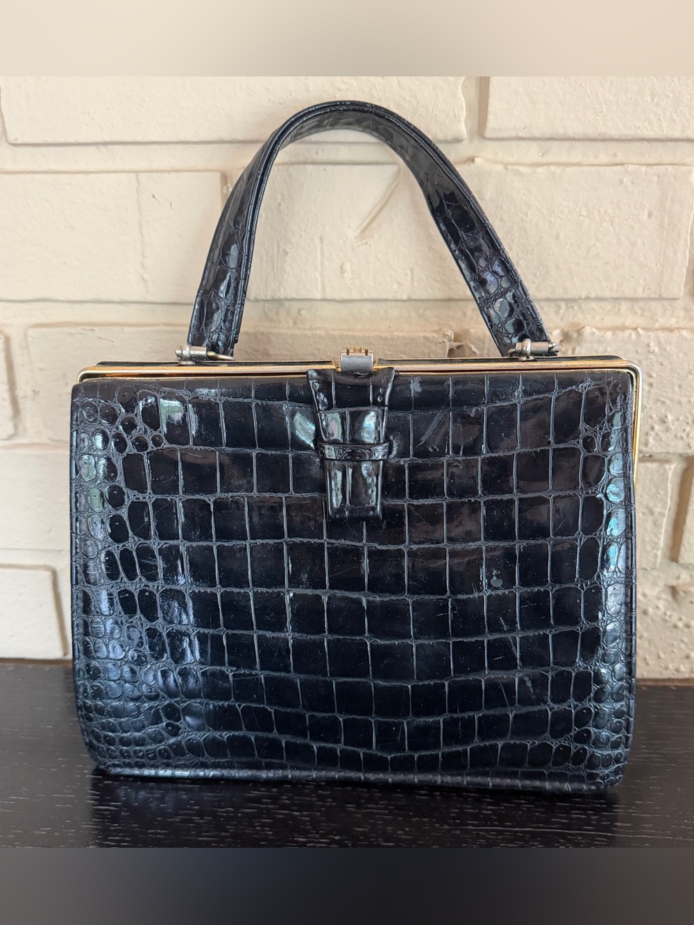 Vintage 1950s black crocodile leather purse handbag mid-century Mad Men Boxy